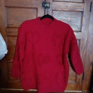 Women's M Valentine's Sweater With Red Pearls Raised Hearts